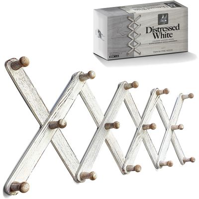 Mercurial Trade Expandable Wooden Coat Rack Hanger Accordion Wall Mounted Pine Wood Hooks Hand Made Vintage Expending Pegs Hang Coat, Jacket, Hat, Leash, Towel, Mug, Bag Distressed White