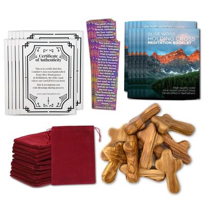 10 Certified Holy Land Olive Wood Handheld Comfort Cross from Israel. Small, 2.75". Velvet Bag, Meditation Booklet, Lord's Prayer Bookmark and Certificate of Authenticity Included. Clinging Palm cross