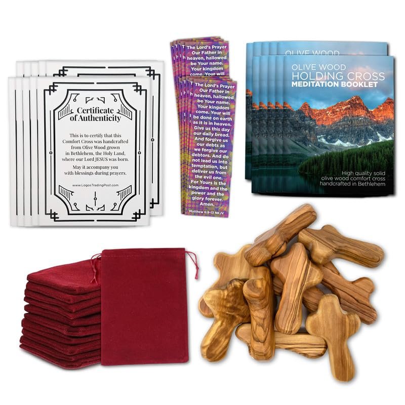 10 Certified Holy Land Olive Wood Handheld Comfort Cross from Israel. Small, 2.75". Velvet Bag, Meditation Booklet, Lord's Prayer Bookmark and Certificate of Authenticity Included. Clinging Palm cross