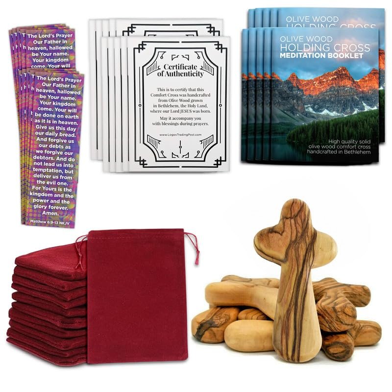 10pc Certified Holy Land Olive Wood Comfort Cross Set, 3.75, Bulk Velvet Pouch, Lords Prayer Bookmark, Meditation Booklet, Authenticity Certificate Included - Christian Gift  Holy Land Gifts Pack