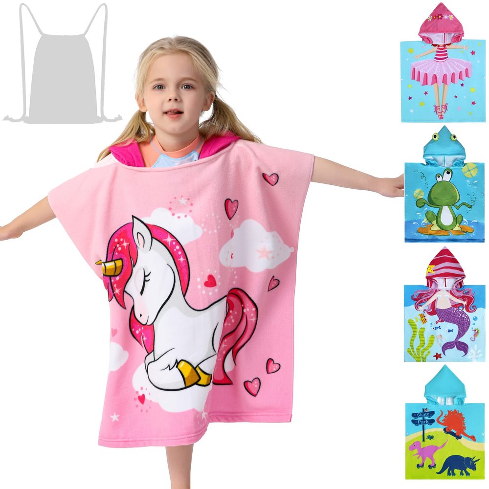 Athaelay Kids Hooded Poncho Towel for Girls, Toddlers Bath Beach Pool Swim Towels with Hood Cover-ups Swimwear (3D Unicorn with Bag)