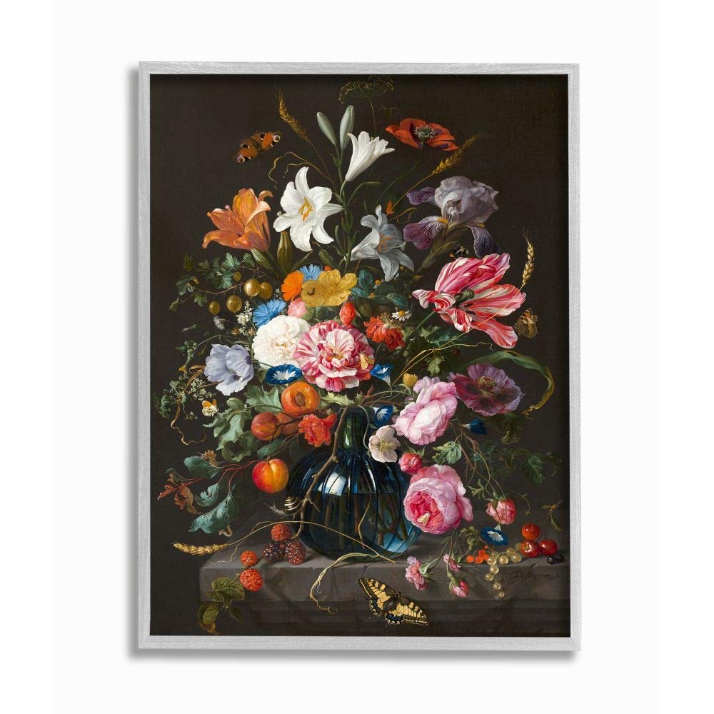 Stupell Industries Elegant Floral Bouquet Butterfly and Fruit Details, Designed by Ziwei Li Wall Art, 11 x 14, Grey Framed
