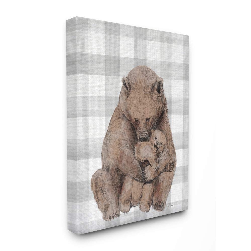 Stupell Industries Bear and Cub Nursery Illustration Grey Farmer Plaid, Designed by Daphne Polselli Wall Art, 16 x 20, Canvas