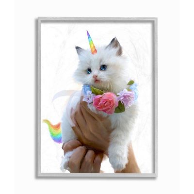 Stupell Industries Floral Kitten Fantasy Feline Rainbow Horn and Tail, Designed by Ziwei Li Wall Art, 16 x 20, Grey Framed