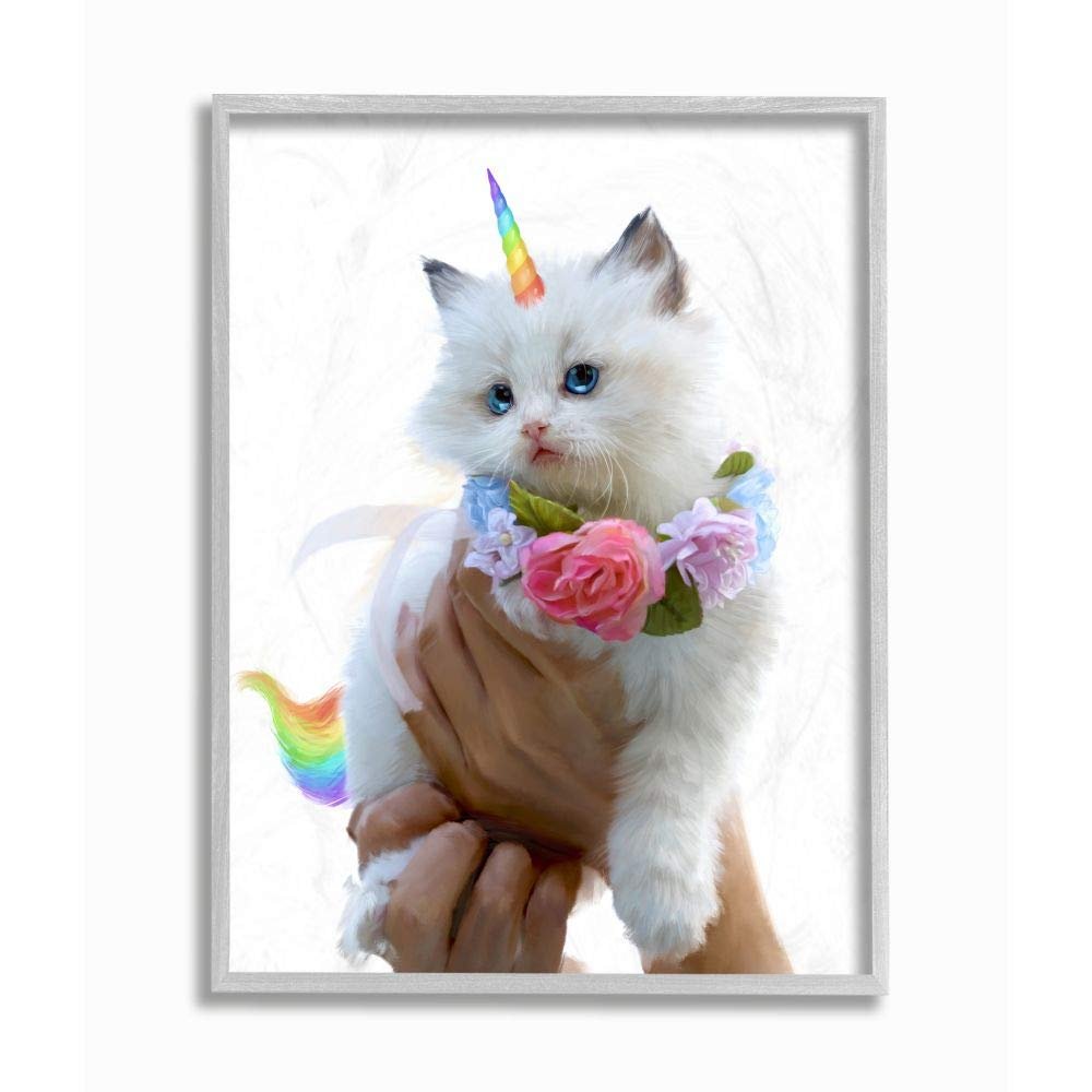 Stupell Industries Floral Kitten Fantasy Feline Rainbow Horn and Tail, Designed by Ziwei Li Wall Art, 16 x 20, Grey Framed