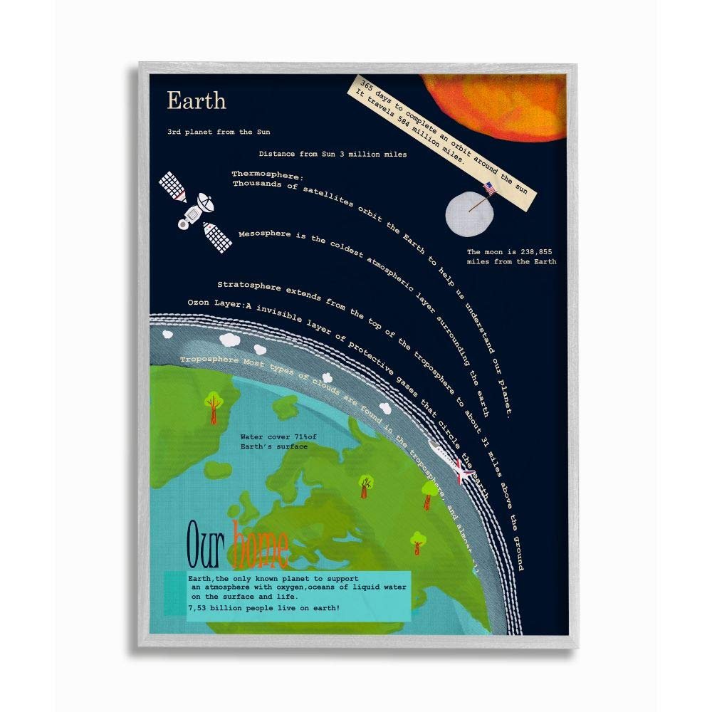 Stupell Industries Kids' Planet Earth Facts Outer Space View, Designed by Sangita Bachelet Wall Art, 16 x 20, Grey Framed