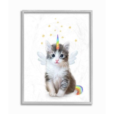 Stupell Industries Unicorn Kitten Fantasy Feline Rainbow Horn Design, Designed by Ziwei Li Wall Art, 16 x 20, Grey Framed