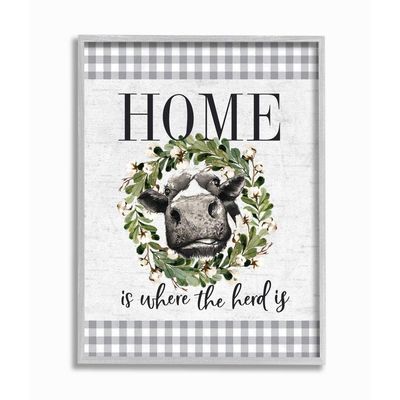 Stupell Industries Home is Where The Herd is Farm Cow Pun, Designed by Lettered and Lined Wall Art, 16 x 20, Grey Framed
