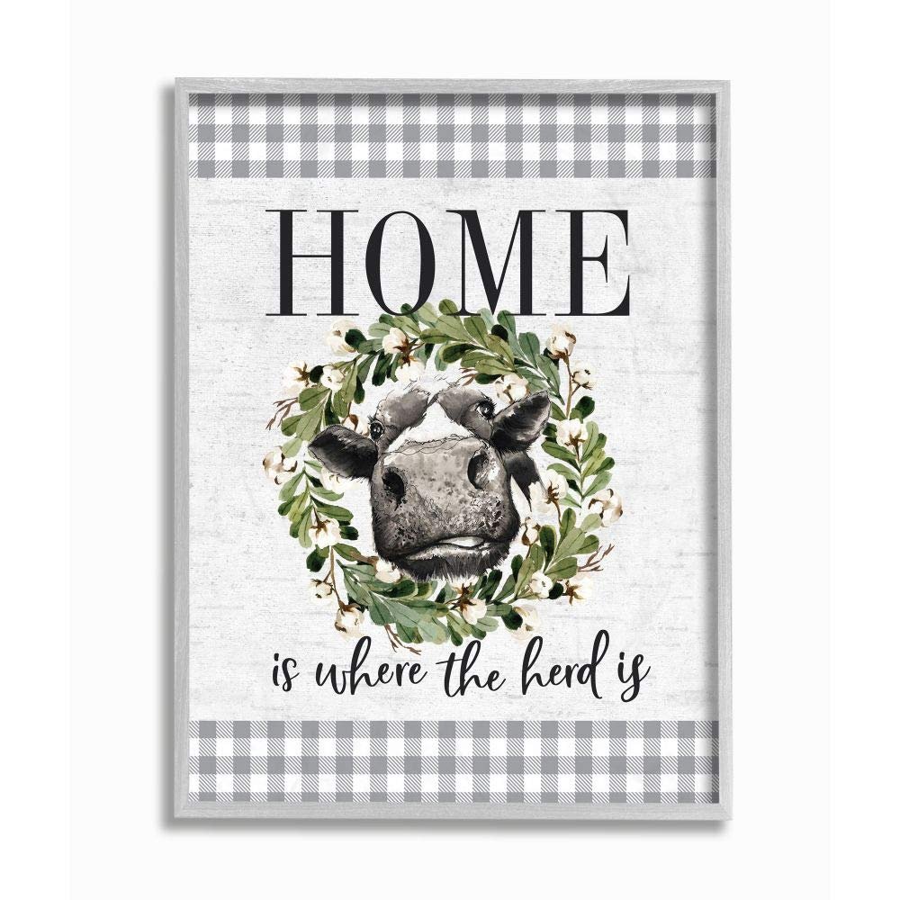 Stupell Industries Home is Where The Herd is Farm Cow Pun, Designed by Lettered and Lined Wall Art, 16 x 20, Grey Framed