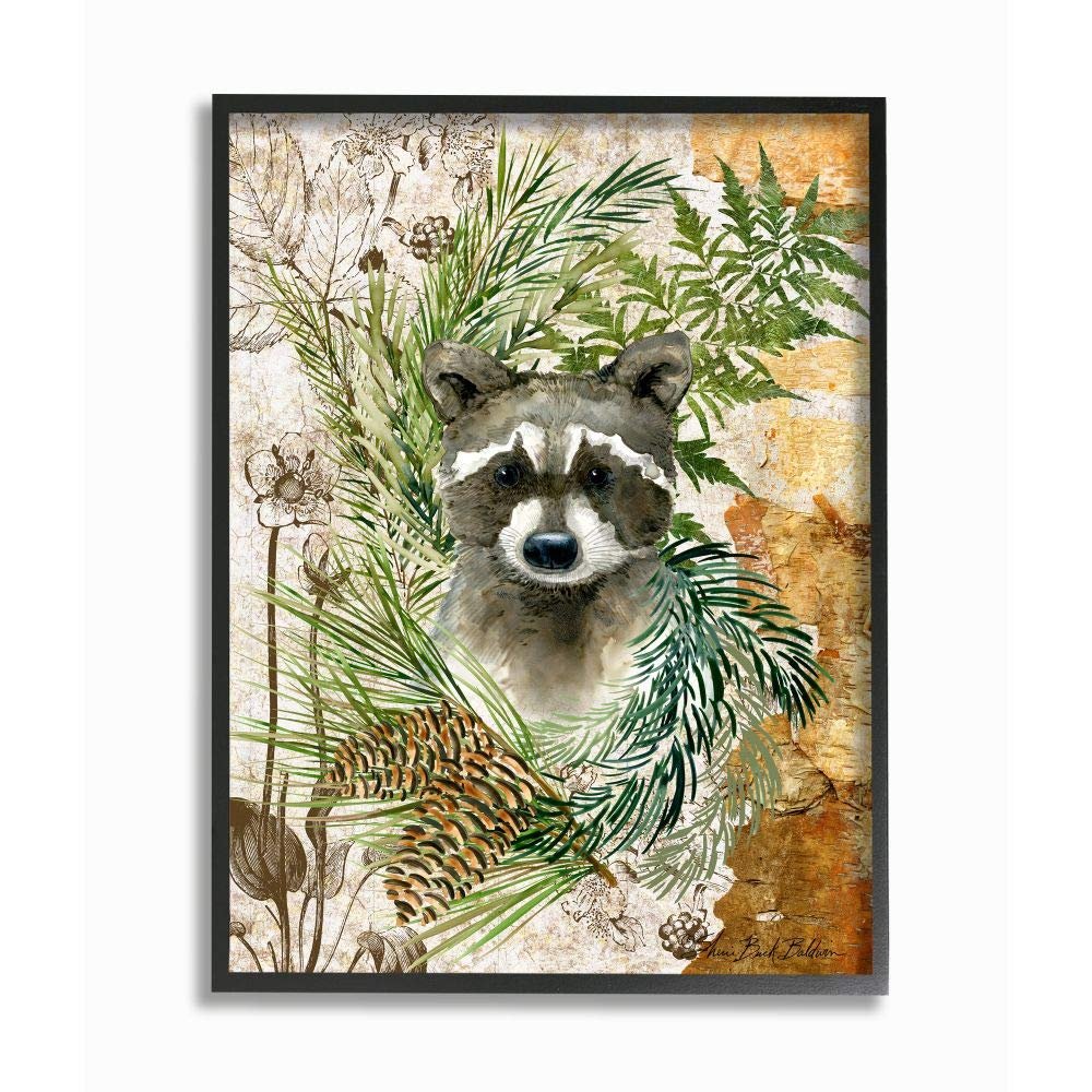 Stupell Industries Children's Racoon in Forest Wild Animal Illustration, Designed by Sherri Buck Baldwin Wall Art, 16 x 20, Black Framed