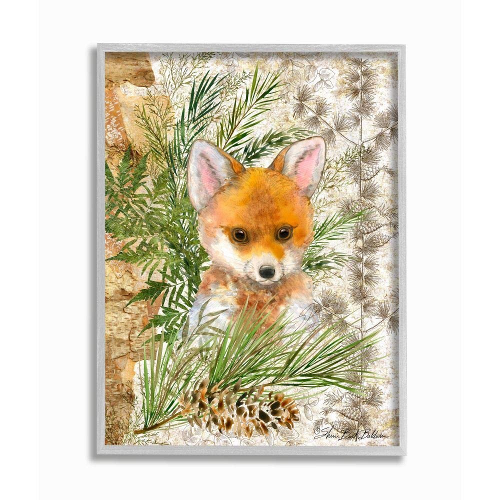Stupell Industries Nursery Red Fox Forest Animal Children's Illustration, Designed by Sherri Buck Baldwin Wall Art, 16 x 20, Grey Framed