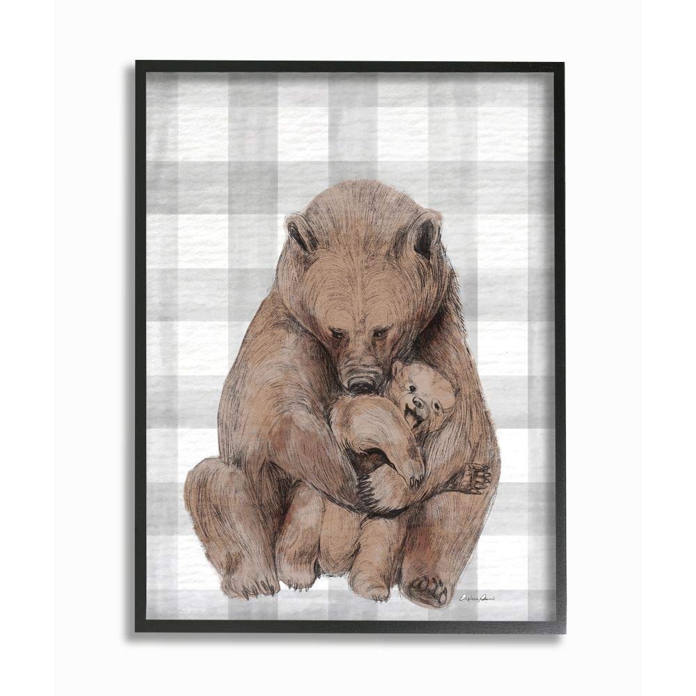 Bear and Cub Nursery Illustration Grey Farmer Plaid