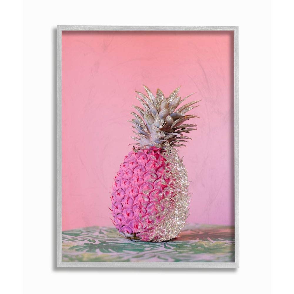 Stupell Industries Pink Glam Glitter Pineapple on Greenery Cloth, Designed by Ziwei Li Wall Art, 16 x 20, Grey Framed
