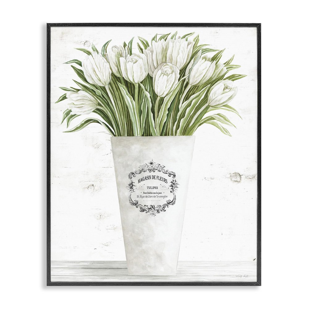 Stupell Industries White Tulip Bouquet in Parisian Vase Floral Arrangement Framed Giclee Art Design by Cindy Jacobs