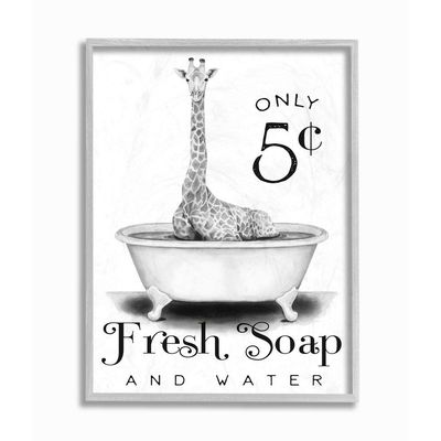 Stupell Industries Country Fresh Soap and Water Sign Giraffe Bath Sketch, Designed by Rachel Nieman Wall Art, 16 x 20, Grey Framed