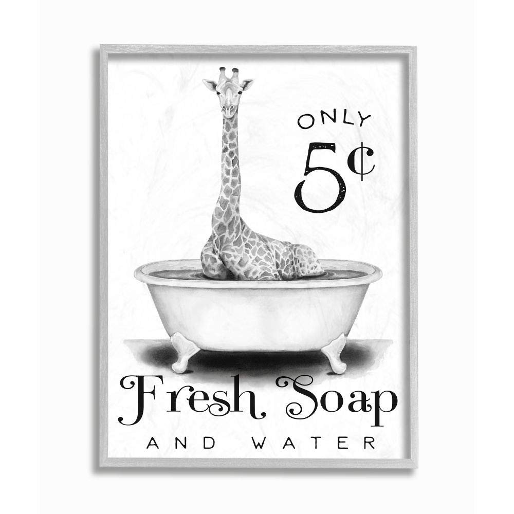 Stupell Industries Country Fresh Soap and Water Sign Giraffe Bath Sketch, Designed by Rachel Nieman Wall Art, 16 x 20, Grey Framed