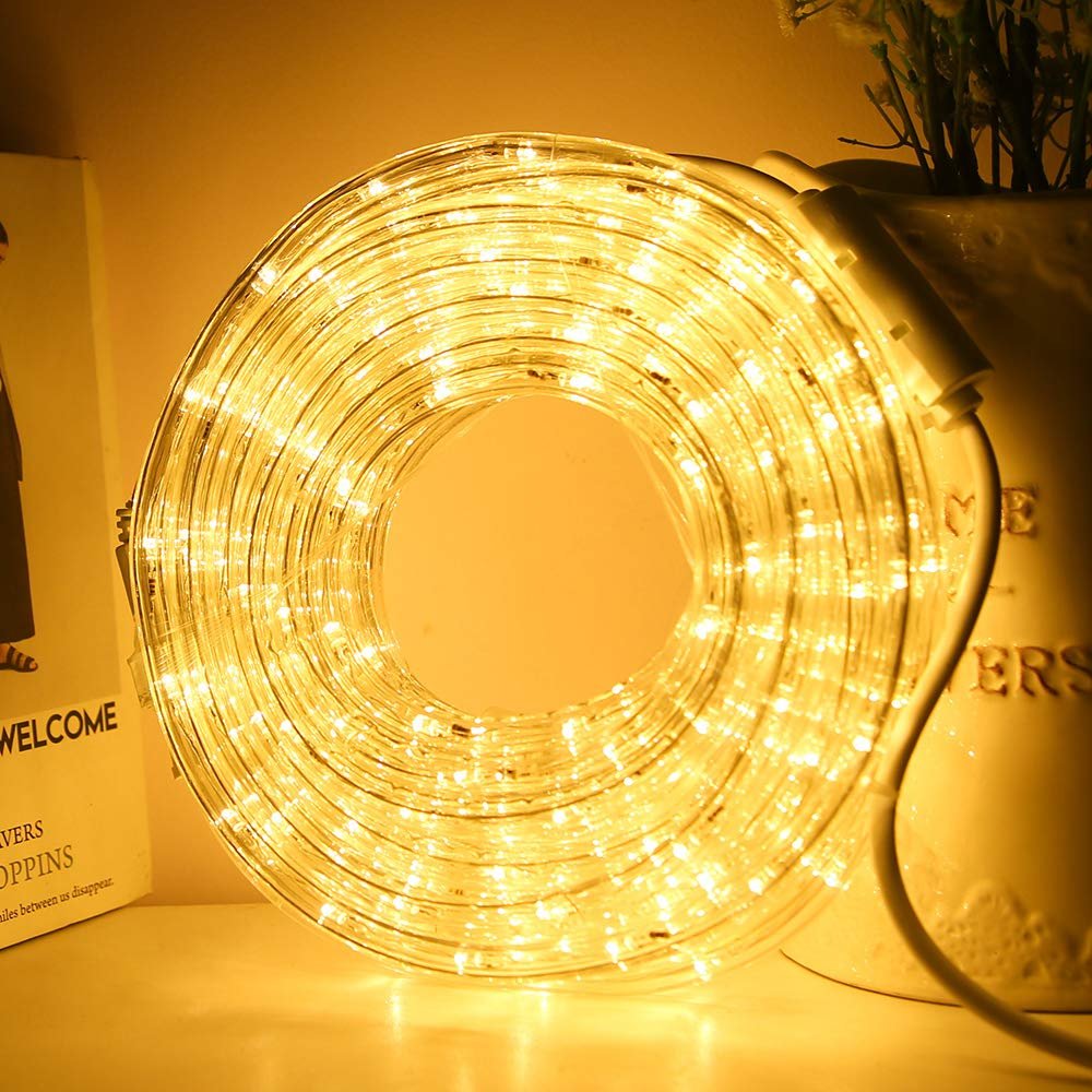33ft LED Rope Lights, 110V 2 Wire Connectable Christmas Rope Lights Outdoor,240 LED Waterproof Indoor Outdoor Warm Rope Lights for Outside, Deck, Patio, Pool, Camping, Landscape Lighting (Warm White)