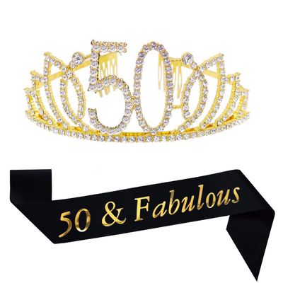 50th Birthday Kit Gold Tiara and Sash Glitter Satin Sash and Crystal Rhinestone Tiara Crown for Happy 50th Birthday Party Supplies Favors Decorations 50th Birthday Party Accessories