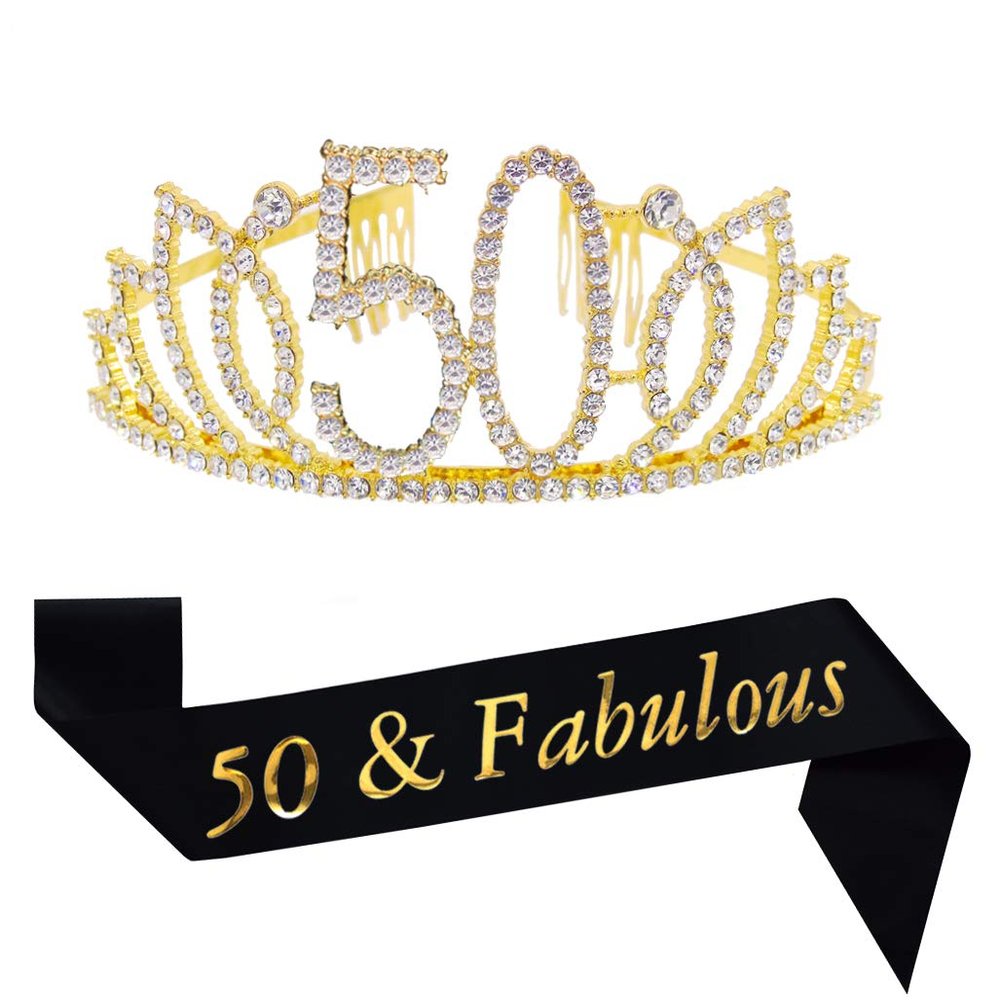 50th Birthday Kit Gold Tiara and Sash Glitter Satin Sash and Crystal Rhinestone Tiara Crown for Happy 50th Birthday Party Supplies Favors Decorations 50th Birthday Party Accessories