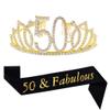 50th Birthday Kit Gold Tiara and Sash Glitter Satin Sash and Crystal Rhinestone Tiara Crown for Happy 50th Birthday Party Supplies Favors Decorations 50th Birthday Party Accessories view 1