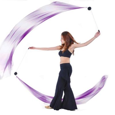 2Pcs Silk Veil + 2Pcs Poi Chain Ball Women Belly Dance Poi Streamer Throw Ball Stage Props (DARKPURPLE WHITE)