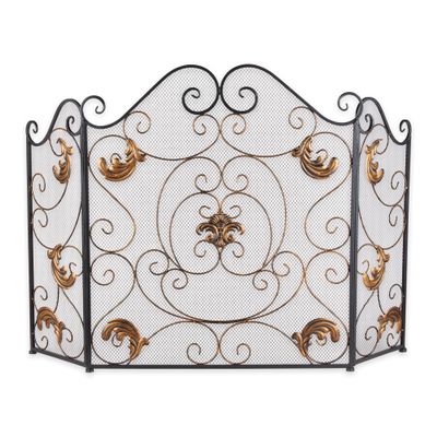 Zingz & Thingz 3 Panel Decorative Iron and Mesh Metal Fireplace Screen, Gold Fleur de Lis, 27.5x10.5x31