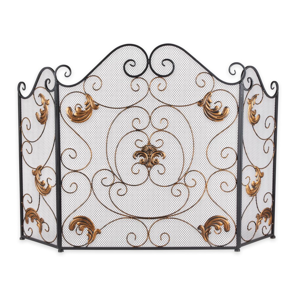 Zingz & Thingz 3 Panel Decorative Iron and Mesh Metal Fireplace Screen, Gold Fleur de Lis, 27.5x10.5x31