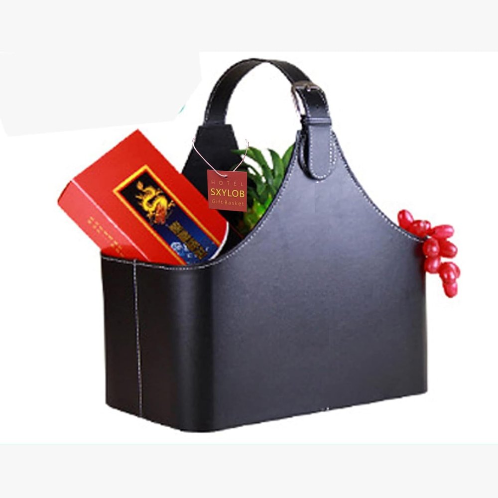 Leather Gift Basket,Magazine Newspaper Holder/Racks,Storage Organizer for Wine Flowers Fruits Candys,for Holiday Presents Christmas Display (Black #2)
