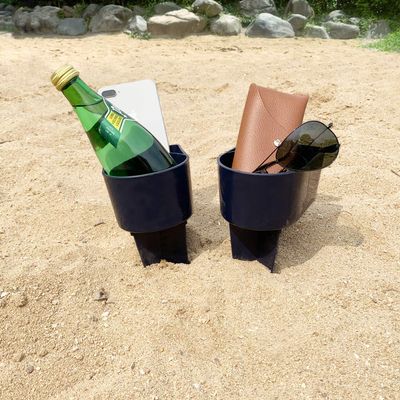 Home Queen Beach Cup Holder with Pocket, Multi-Functional Sand Cup Holder for Beverage Phone Sunglasses Key, Beach Accessory Drink Sand Coaster, 2-Pack, Navy