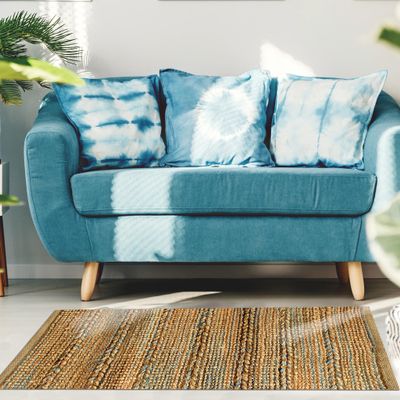 LR Home Hand-Woven Braided Jute Rug, 2x3, Tan/Blue