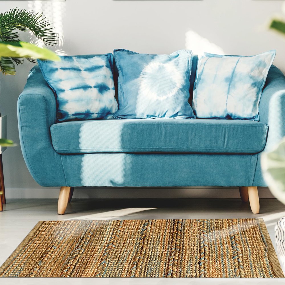 LR Home Hand-Woven Braided Jute Rug, 2x3, Tan/Blue