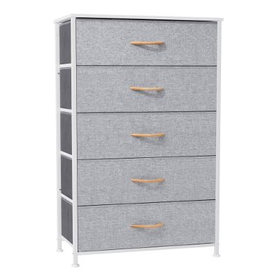 Crestlive Products Vertical Dresser Storage Tower - Sturdy Steel Frame, Wood Top, Easy Pull Fabric Bins - Wide Organizer Unit for Bedroom, Hallway, Entryway, Closets - 5 Drawers(Light Gray)
