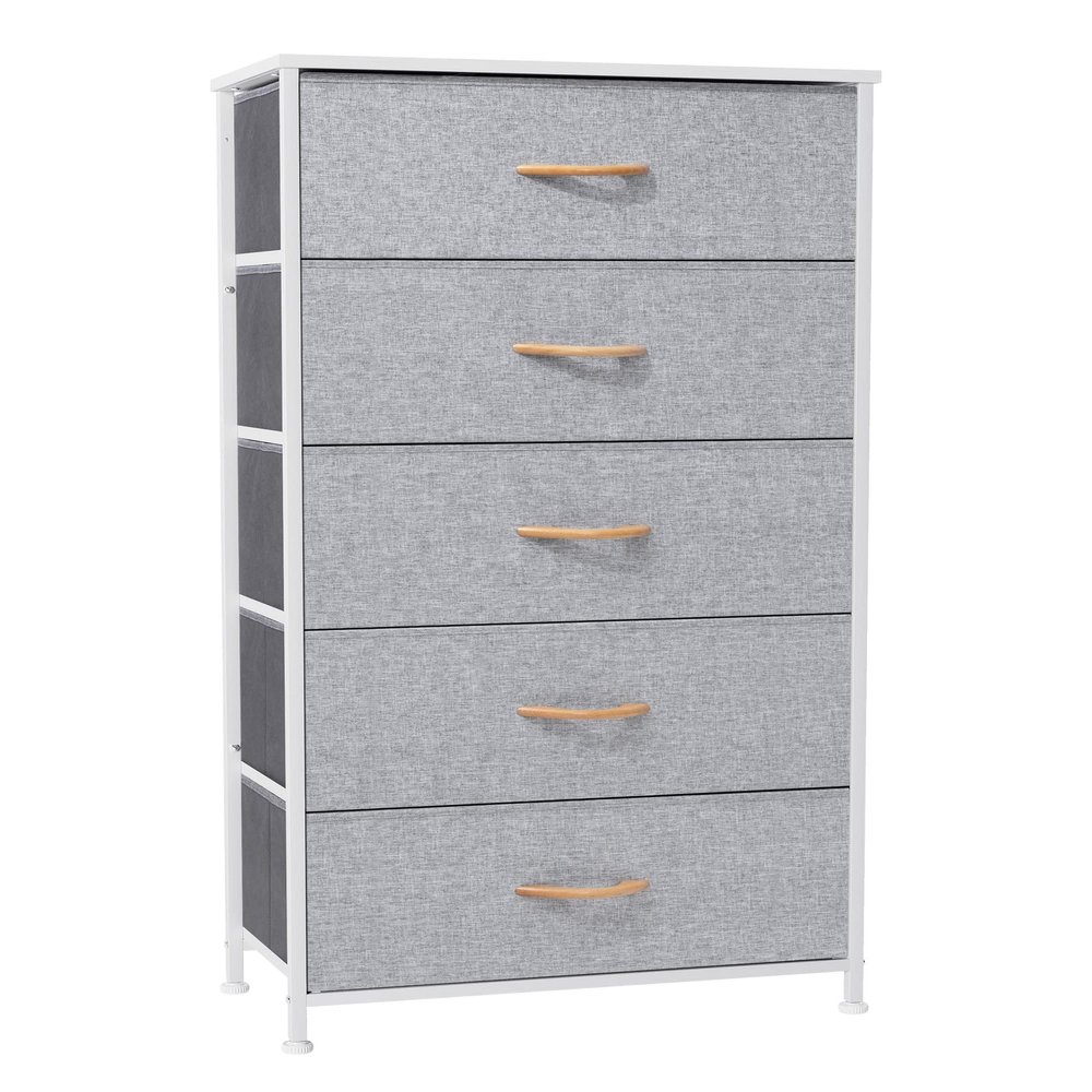 Crestlive Products Vertical Dresser Storage Tower - Sturdy Steel Frame, Wood Top, Easy Pull Fabric Bins - Wide Organizer Unit for Bedroom, Hallway, Entryway, Closets - 5 Drawers(Light Gray)