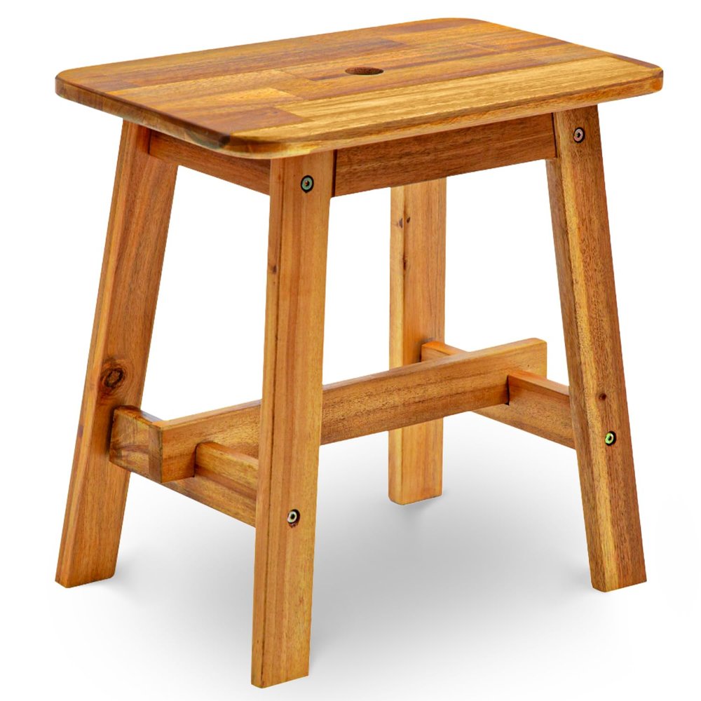 BEEFURNI Rectangular Acacia Wood Stool, Small Bench Seat, 18 Inch Stool, Wood Bathroom Vanity Bench, Plant Stand Indoor, 350 LBS Load Capacity, 1-Year Manufacturer Warranty (Natural Acacia)