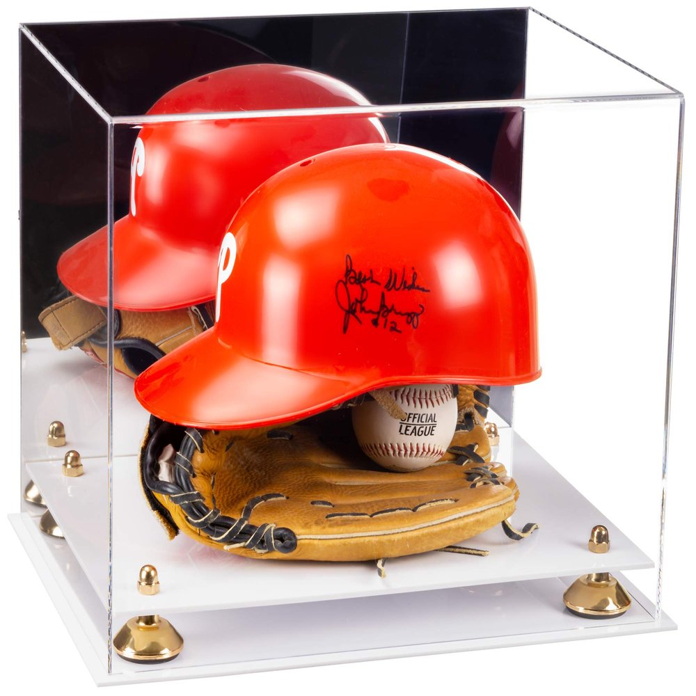 Better Display Cases Versatile Acrylic Display Case - Large Rectangle Box with Mirror, Gold Risers and White Base 14.5" x 11" x 12" (V44)