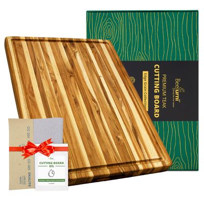 BEEFURNI Teak Wood Cutting Board with Juice Groove Hand Grip (XL, 24x18x1.5"), Extra Large Cutting Boards for Kitchen, Butcher Block, Serving & Charcuterie Board, Christmas Gift Box, 1-year Warranty