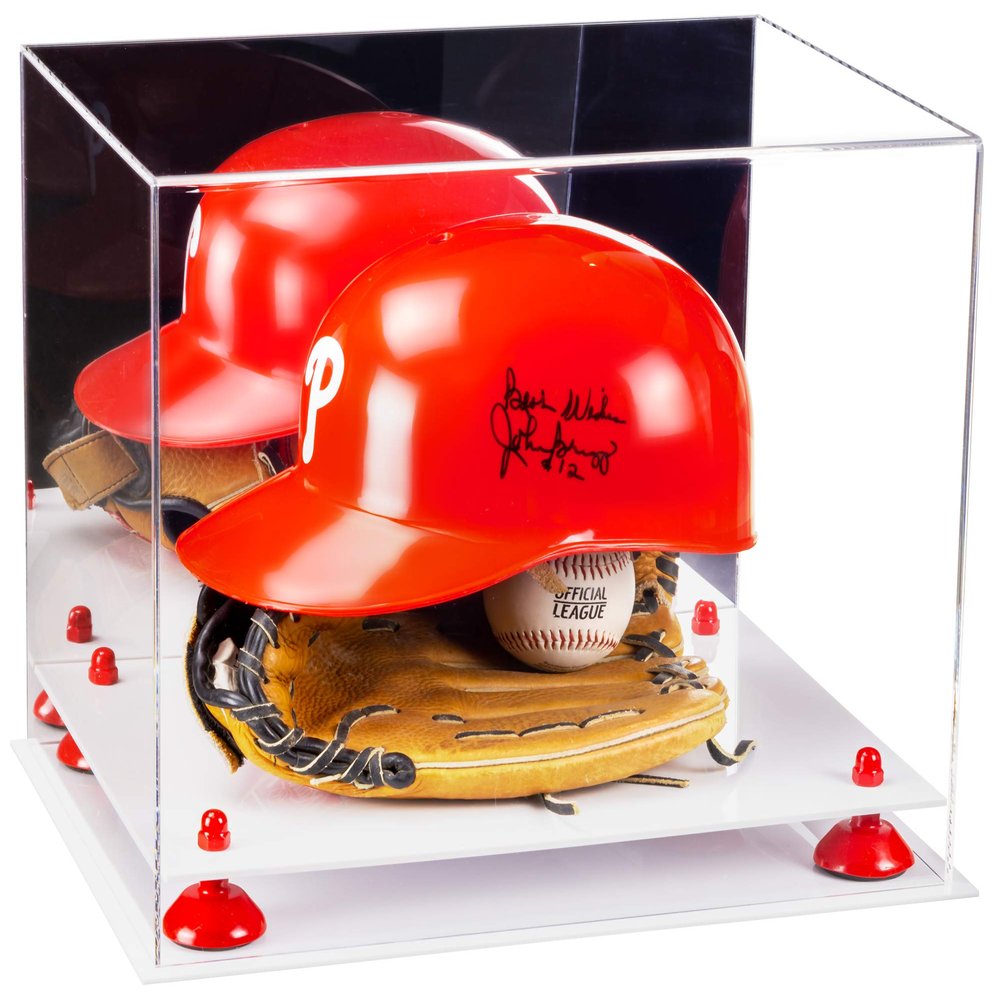 Better Display Cases Versatile Acrylic Display Case - Large Rectangle Box with Mirror, Red Risers and White Base 14.5" x 11" x 12" (V44)