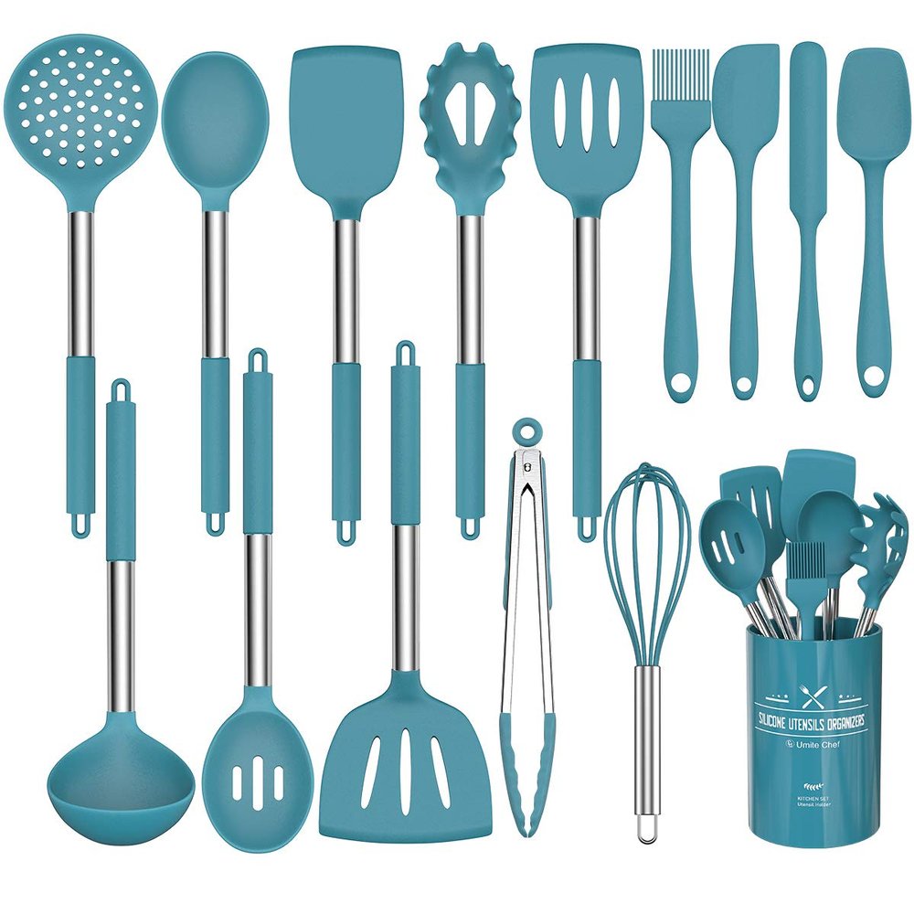 15 Pcs Silicone Cooking Utensils Kitchen Utensil Set - Umite Chef 446F Heat Resistant Stainless Steel Handles Kitchen Gadgets Tools Set for Nonstick Cookware(Blue)