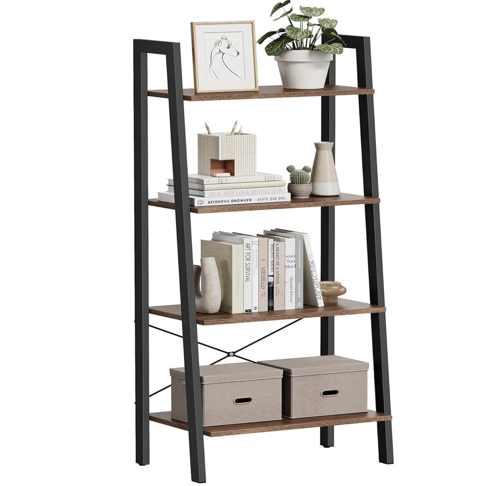 VASAGLE Ladder Shelf, 4-Tier Bookshelf, Storage Rack, Bookcase with Steel Frame, for Living Room, Home Office, Kitchen, Bedroom, Industrial Style, Hazelnut Brown and Ink Black ULLS044B03