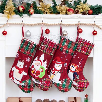 LUBOT 4 Pack Christmas Stockings(21inch) Embroidered Linen Applique Burlap Fireplace Hanging Christmas Stocking Ornament for Family Decorations Holiday Xmas Gift