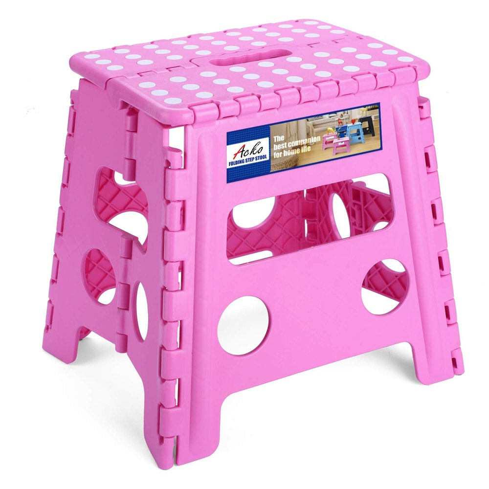 ACKO Folding Step Stool - 13 inch Height Premium Heavy Duty Foldable Stool for Kids and Adults, Kitchen Garden Bathroom Stepping Stool (Pink)