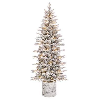 Puleo International 7.5ft Pre-Lit Potted Flocked Arctic Fir Pencil Christmas Tree with 230 Warm White Lights, 1943 Realistic Dense Snow Flocked Branch Tips, Easy Setup Artificial Trees, Sturdy Stand