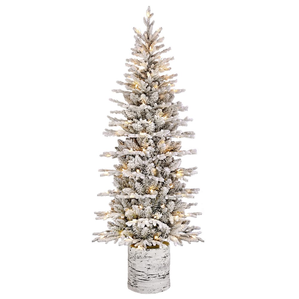 Puleo International 7.5ft Pre-Lit Potted Flocked Arctic Fir Pencil Christmas Tree with 230 Warm White Lights, 1943 Realistic Dense Snow Flocked Branch Tips, Easy Setup Artificial Trees, Sturdy Stand