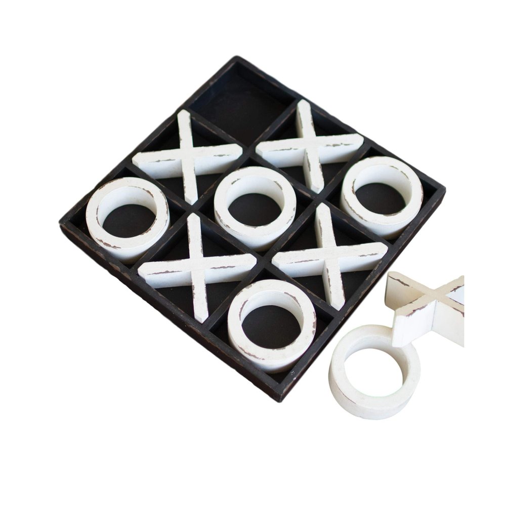 MY SWANKY HOME Rustic 10 Piece Painted Wood Tic Tac Toe Game Family Tabletop Set Black Tray