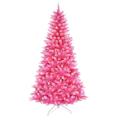 Puleo International 6.5ft Pre-Lit Fashion Pink Pine Artificial Christmas Tree with 300 Clear Lights, 836 Realistic Dense Branch Tips, Easy Setup Artificial Trees with Sturdy Metal Stand