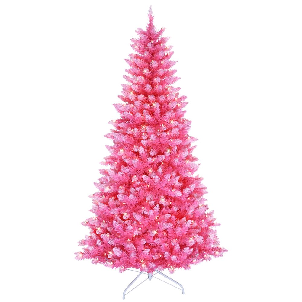 Puleo International 6.5ft Pre-Lit Fashion Pink Pine Artificial Christmas Tree with 300 Clear Lights, 836 Realistic Dense Branch Tips, Easy Setup Artificial Trees with Sturdy Metal Stand