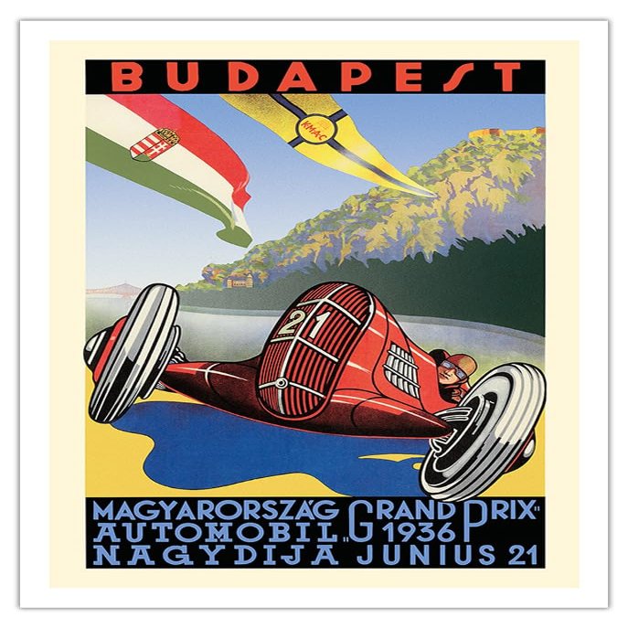 1936 Budapest Grand Prix - Hungary - Vintage Car Racing Poster by Kroly Gerster - Fine Art Matte Paper Print (Unframed) 30x44in