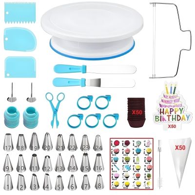 ANSLYQA 193 Pcs Cake Decorating Kit with Cake Turntable,Leveler,24 Numbered Icing Tips,2 Spatulas,2 Couplers,3 Scrapers,50 Pastry Bags,50 Paper Cupcake Liners,50 Cake Flags & More Baking Tools, (Blue)
