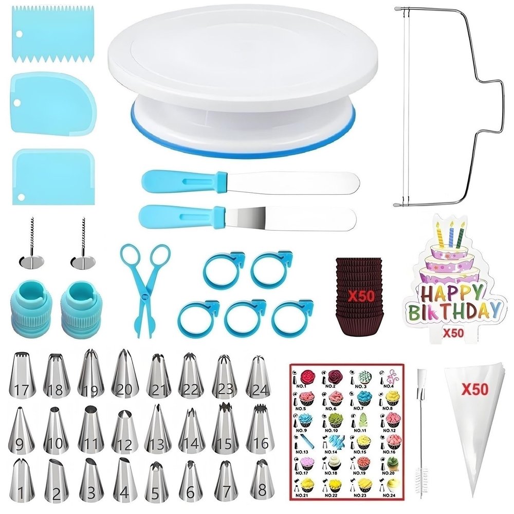 ANSLYQA 193 Pcs Cake Decorating Kit with Cake Turntable,Leveler,24 Numbered Icing Tips,2 Spatulas,2 Couplers,3 Scrapers,50 Pastry Bags,50 Paper Cupcake Liners,50 Cake Flags & More Baking Tools, (Blue)