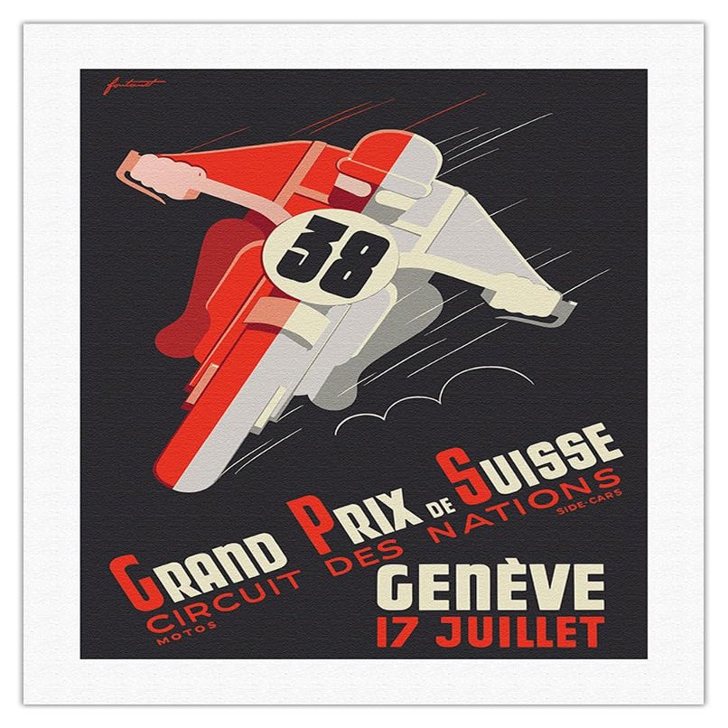 1938 Swiss Grand Prix - Circuit of Nations - Vintage Motorcycle Poster by Nol Fontanet - Fine Art Rolled Canvas Print 20in x 26in
